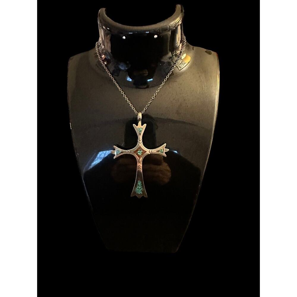 Sterling Native American Cross With Inlaid Red Coral And Turquoise Silver Chain - Picture 13 of 16
